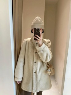 皮毛一体外套女中长款 环保皮草水貂毛毛绒大衣 立领复古贵气泡泡袖