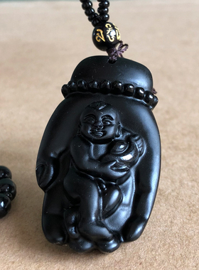 天然黑曜石招财童子佛手男女护身项链送证书伸手来财童孩吊坠