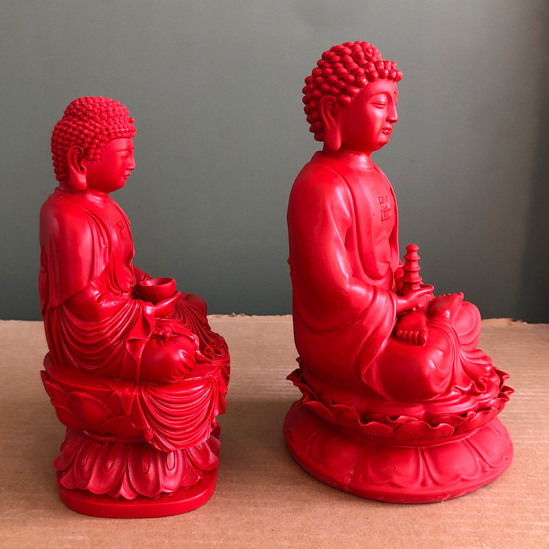 中国红朱砂释迦摩尼坐佛摆件药师佛像托塔莲花佛供奉家居摆饰如来