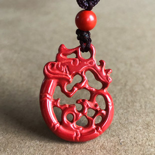 原矿帝王朱砂情侣吊坠一对复古男女螭龙项链定情信物镂空富贵吉祥
