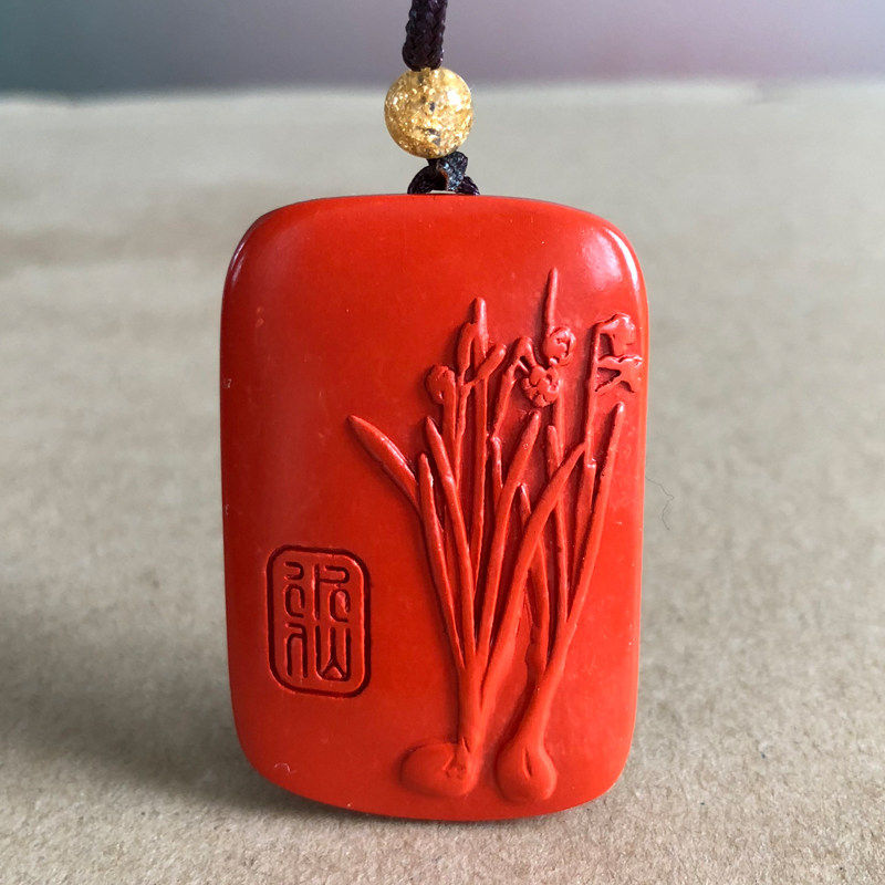 红色高含量朱砂水仙吊坠男女平安无事牌雕刻花朵民族工艺送人搭配