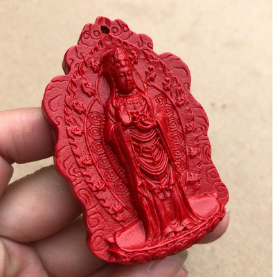 南海观音吊坠天然朱砂平安站观音毛衣链本命年随身菩萨送子挂件