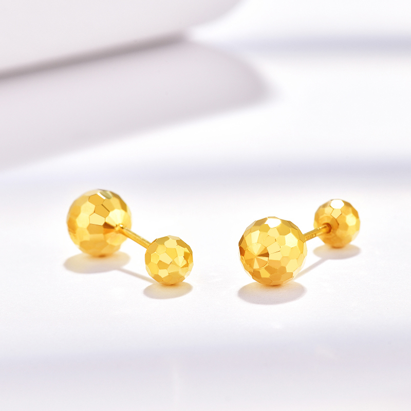 5G黄金镭射耳钉女999足金闪耀金珠耳针耳饰纯金时尚简约耳环新款