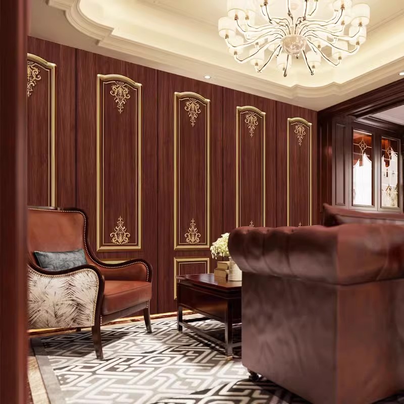 复古美式红木墙纸民国风欧式石膏线背景墙布仿木纹实木护墙板壁纸