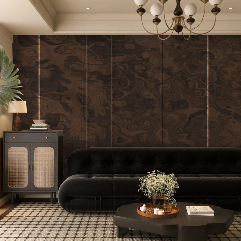 中古风复古木纹木瘤墙布胡桃木色沙发电视背景墙纸3d木皮花纹壁纸