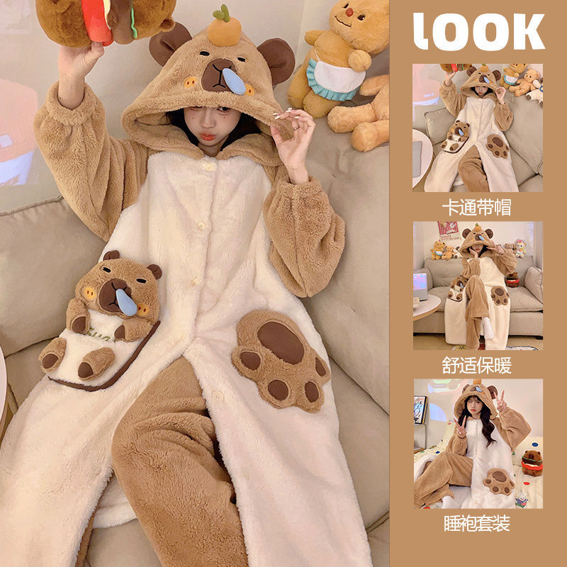 2025新款秋冬大码加厚女士卡通睡袍珊瑚绒卡皮巴拉柔软舒适