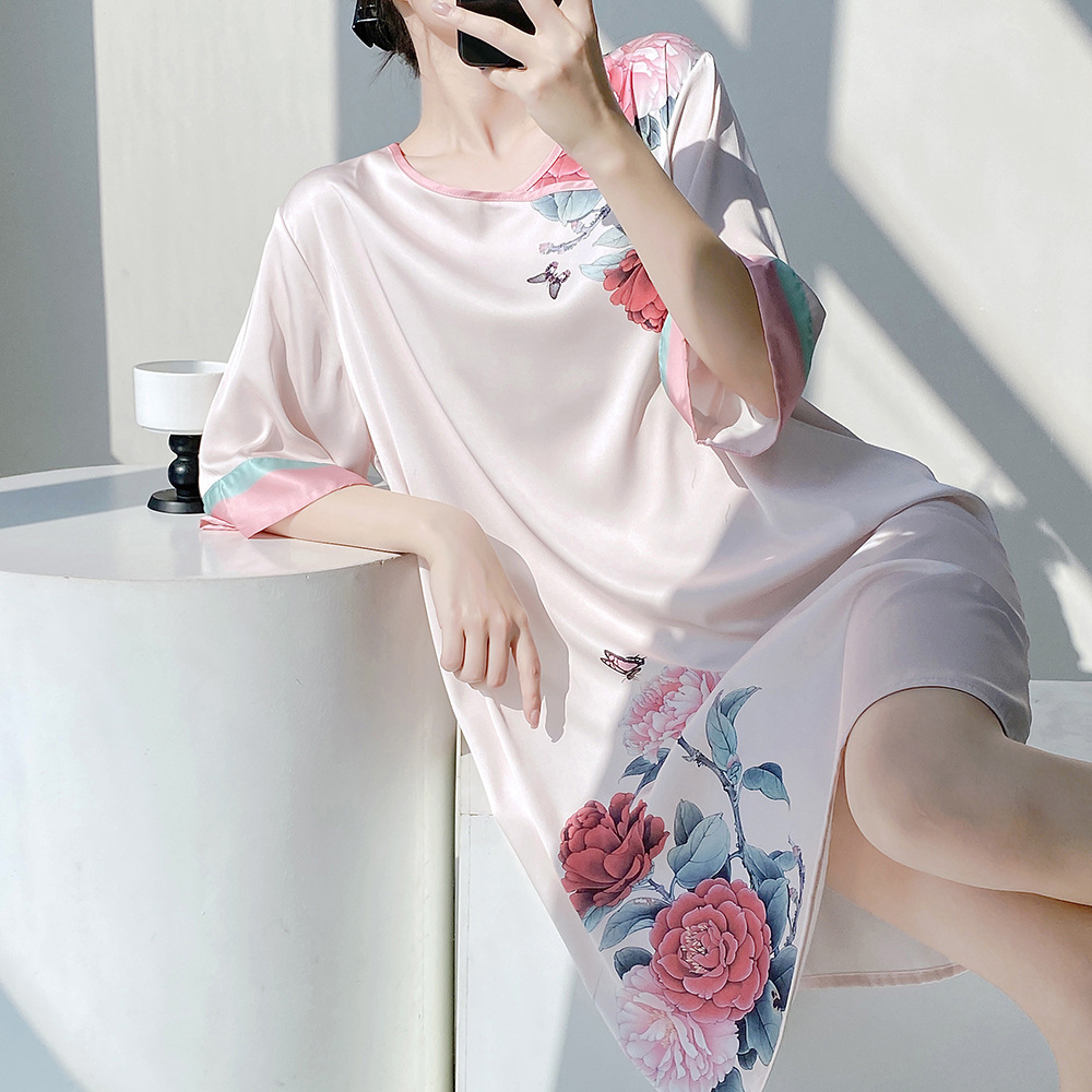 新中式国风睡裙女2025新款夏季冰丝短袖薄款典雅高级丝绸睡衣裙