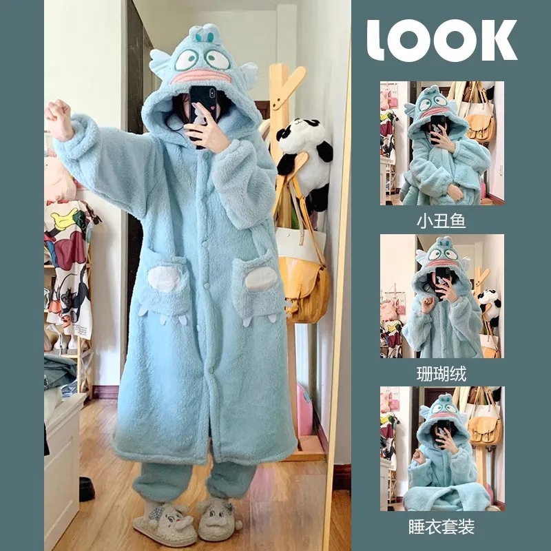 小丑鱼睡衣女秋冬季加厚珊瑚绒睡袍卡通可爱法兰绒家居服套装