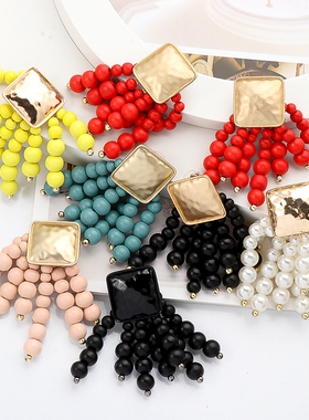 Long Wooden Bead Chain Tassel Christmas Dangle Earrings