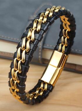 Genuine Leather Chain Bracelet for Men Magnetic Stainless St