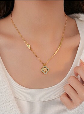 越南沙金新中式珐琅四叶草吊坠四花项链女款轻奢小众颈链毛衣链