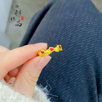 金店同款保色古法越南沙金珐琅烧蓝红色爱心开口戒指梦幻爱心戒指