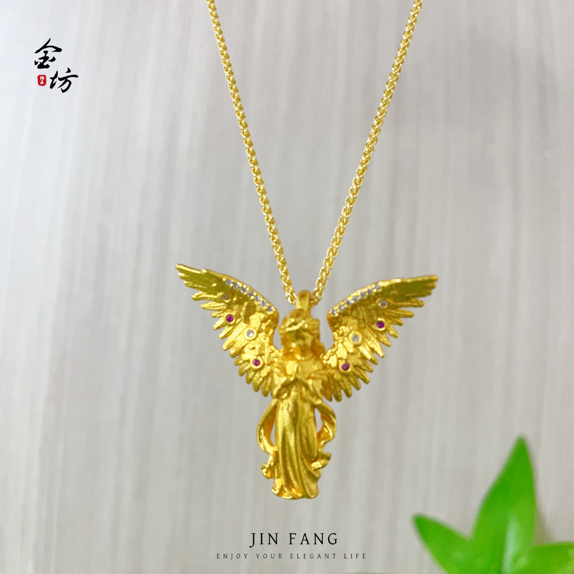 古法越南沙金镶钻女神天使吊坠轻奢精致气质项链毛衣链国潮风百搭