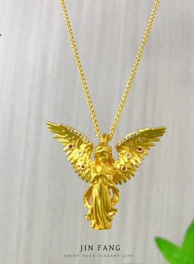 古法越南沙金镶钻女神天使吊坠轻奢精致气质项链毛衣链国潮风百搭