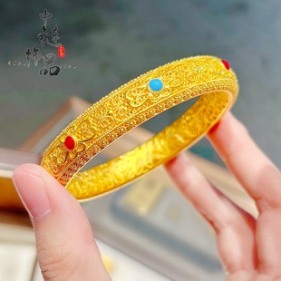 金店款古法越南沙金珐琅彩镂空花丝皇后手镯宫廷风皇后闭口手镯女
