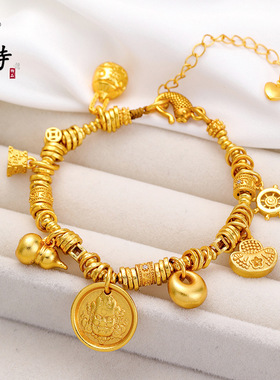 越南沙金黄财神福禄双全吞金兽盘缠手链新中式黄金色葫芦招财手链