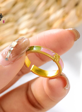 古法越南沙金珐琅彩桃花源戒指女开口可调节渐变桃花轻奢百搭指环