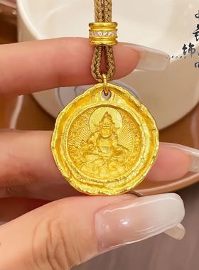 越南沙金新中式国潮风古法沙金实心錾刻锤纹占巴拉黄财神圆牌吊坠