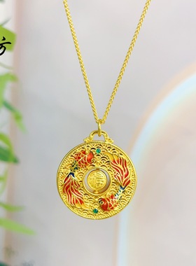 新款古法越南沙金珐琅彩财富双鱼吊坠国潮镂空花丝罗盘女百搭项链