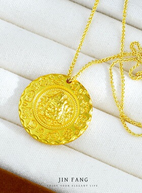 越南沙金古法錾刻平安喜乐吉言黄财神吊坠国潮复古项链毛衣链百搭