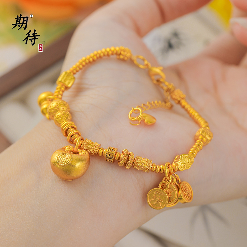 新中式古法越南沙金胖福葫芦平安喜樂编织手链女复古风格手饰手链