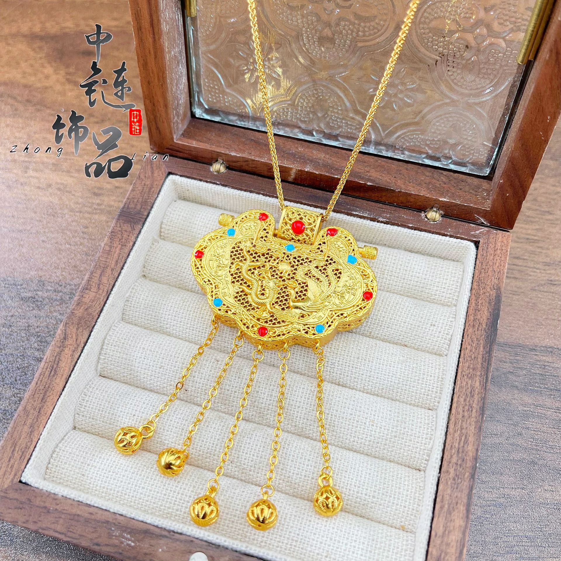 金店同款古法越南沙金天子门生锁包吊坠镂空花丝镶嵌龙凤呈祥项链