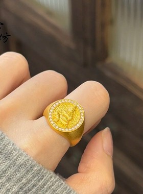 金店同款越南沙金新中式镶钻黄财神招财戒指复古轻奢可调节指环