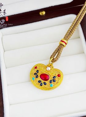 金店同款古法越南沙金凤华玲珑花丝锁包吊坠 高级感宫廷风景福锁