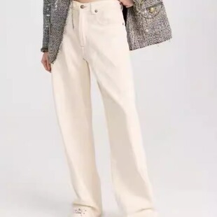 女 漆点毛边直筒牛仔长裤 R1325款 复古欧美高腰米白色个性