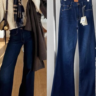 25新款欧美MOther深蓝色直筒中高腰牛仔裤大喇叭长裤女气质显瘦