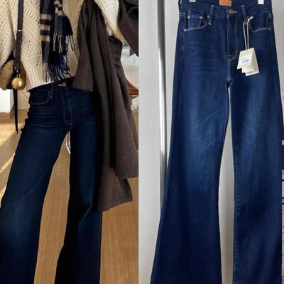 深蓝色直筒中高腰牛仔喇叭长裤
