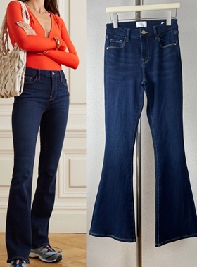 FRAM深蓝色中高腰弹性长裤牛仔喇叭裤子有常规和加薄绒显瘦修身