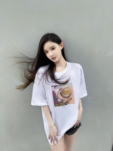 T #2434吃贝壳的腥红食客纯棉白色落肩直喷T恤