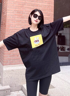 LiL Tu黑色纯棉落肩T恤