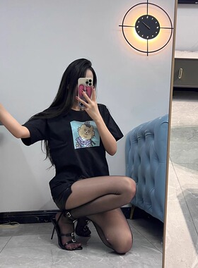 【T】中华小橘猫#09274黑色纯棉落肩T恤