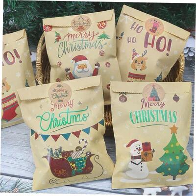 24Set Christmas Gift Bag Kraft Paper Bags Santa Claus Snowma