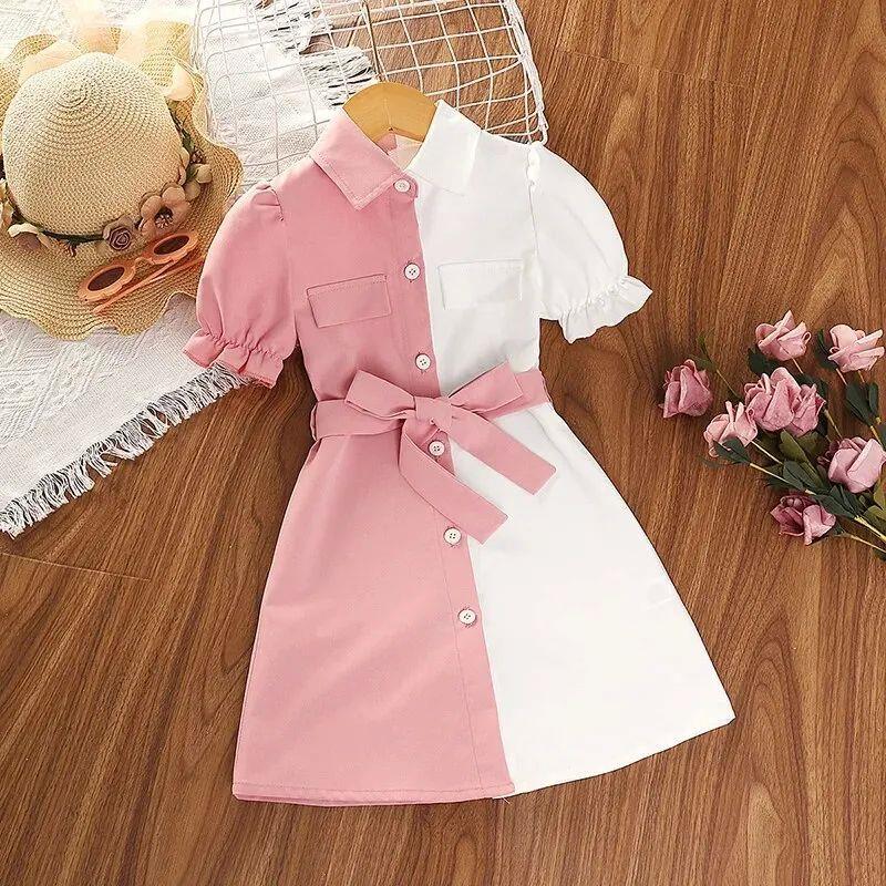 Shirt Dress for 4-7 Years Kids Pink and White Patchwork Shor