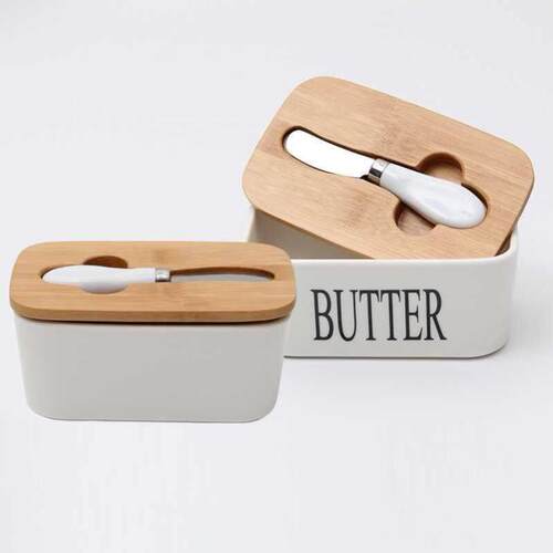 Butter Box Sealing With Wood Lid Knife Food Dish Ceramic