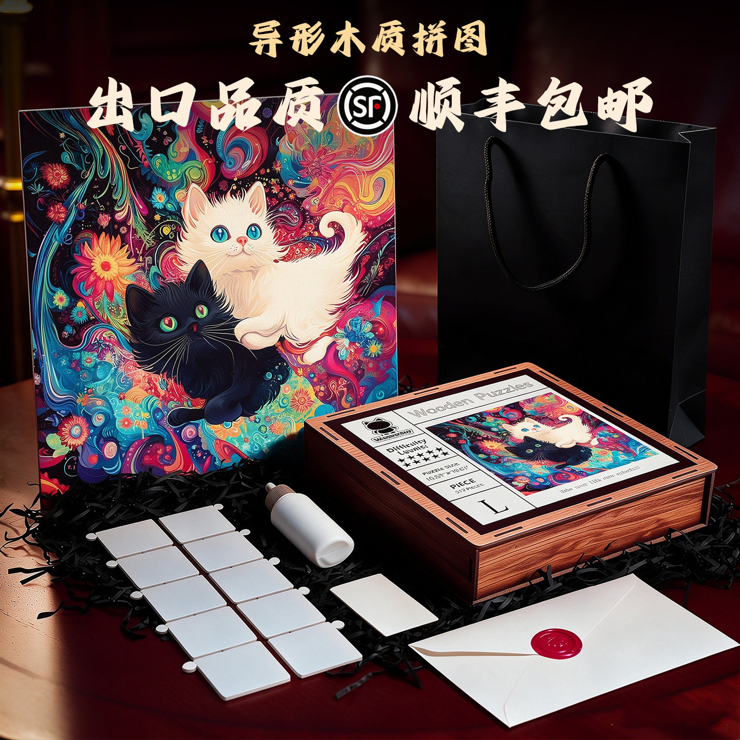 【出口品质】猫异形木质拼图礼盒高端礼玩具积木解压正版高级拼图