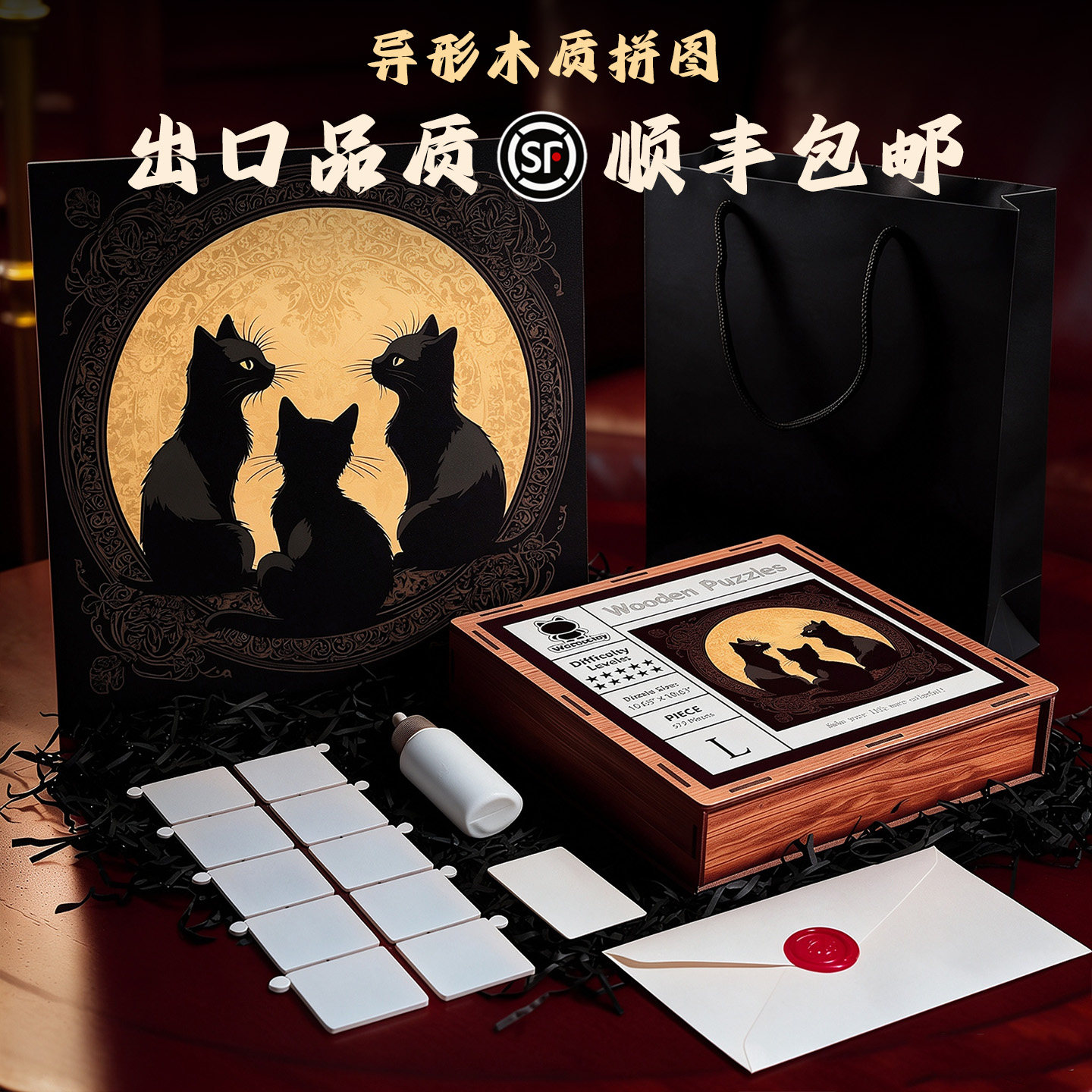 【出口品质】猫异形木质拼图礼盒高端礼玩具积木解压正版高级拼图