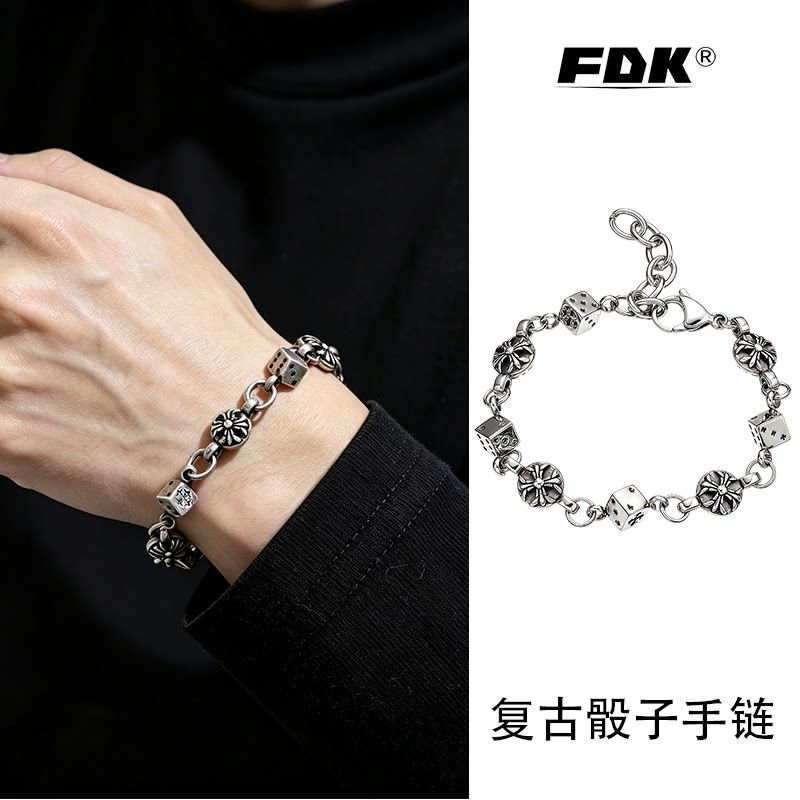 复古十字花骰子手链男女做旧钛钢朋克小众幸运骰子拼接可调节手饰图片