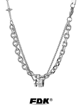 可刻字双层拼接古巴链转运珠吊坠项链男潮轻奢小众嘻哈高级感配饰