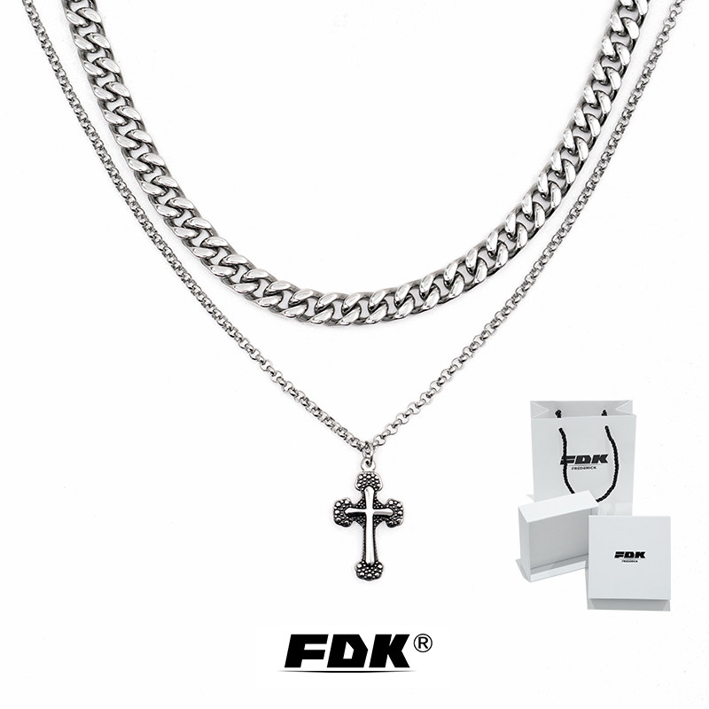 FDK双层叠戴十字架古巴链欧美嘻哈男女情侣款钛钢吊坠做旧项链潮