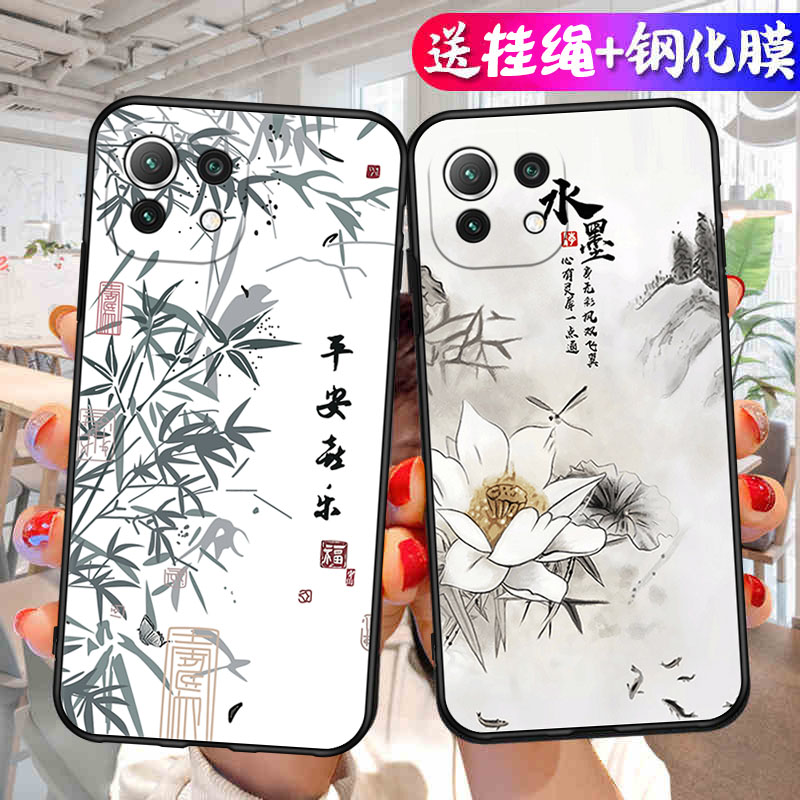 适用小米11青春版手机壳Mi米十一Lite带挂绳钢化膜M2101K9C新款全包防摔液态硅胶保护le套m男后壳女软壳外壳