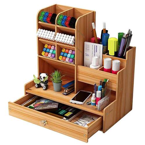 Wooden Desk Organiser DIY Desktop Tidy Pen Holder Large Capa