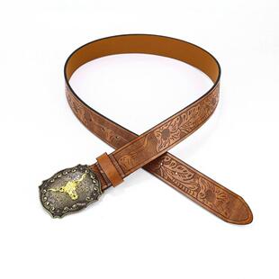 Denim belt cow head large plate buckle trendy 牛仔皮带牛头