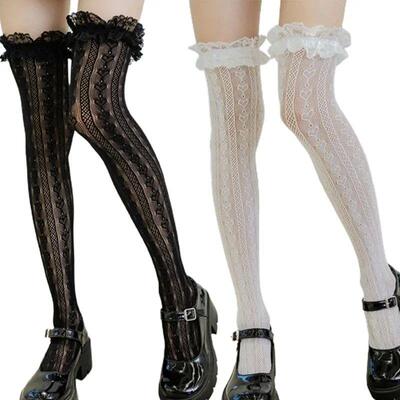 Women Lolita Fishnet Thigh High Socks Style Heart Striped La