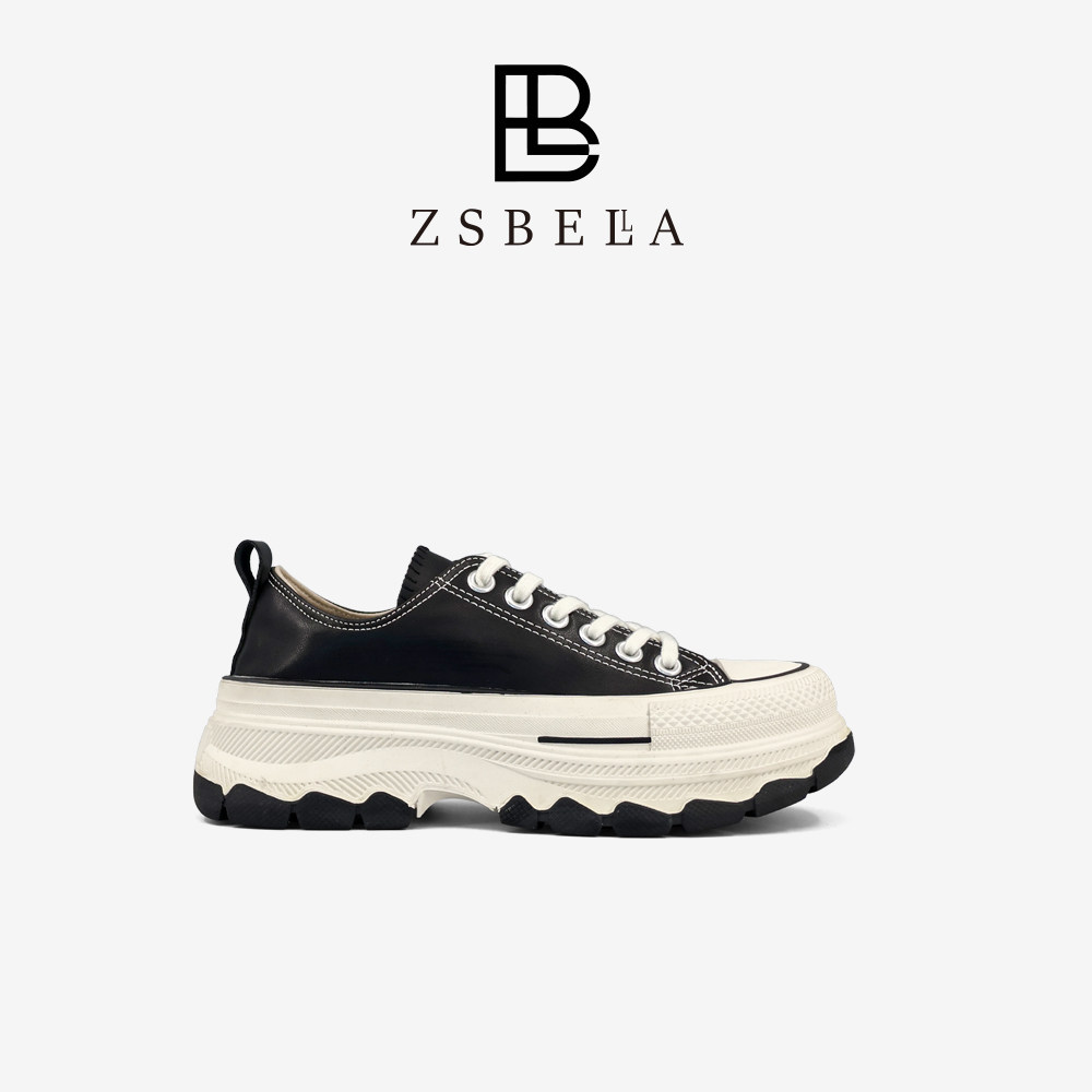 ZSBELLA牛皮厚底做旧擦色帆布鞋5cm增高休闲鞋百搭低帮小黑鞋