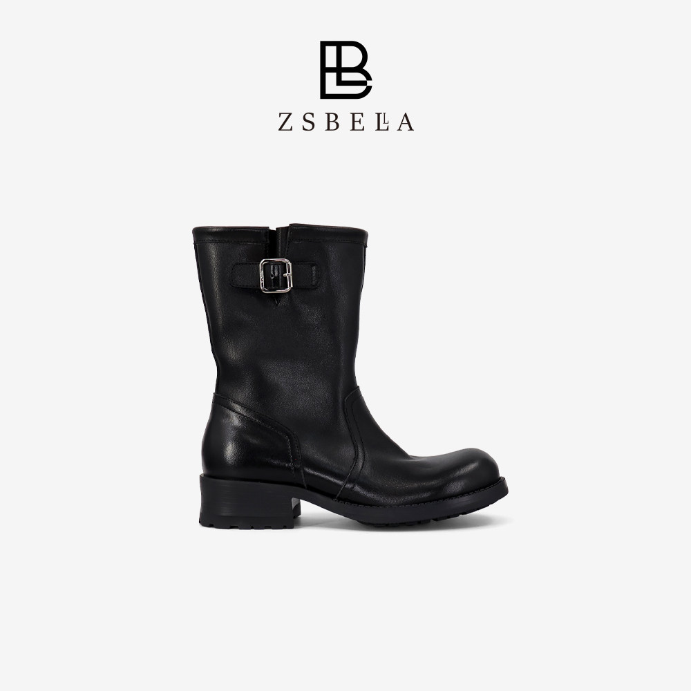 ZSBELLA马皮复古中筒靴女2026新款4cm粗跟后拉链显瘦不累脚西部靴