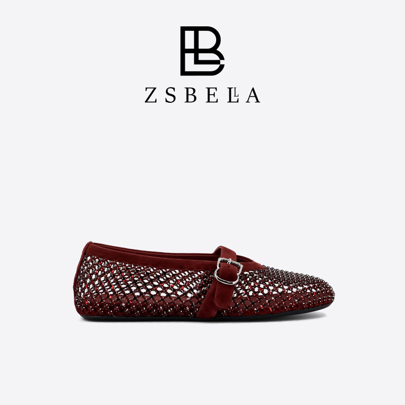 ZSBELLA赛斯贝拉烫钻网面玛丽珍平底单鞋女复古法式浅口鞋26新款